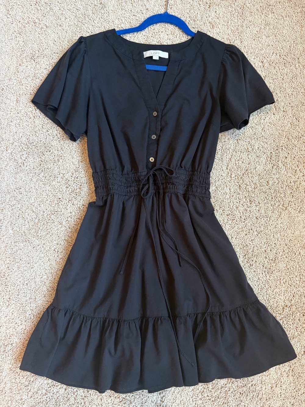 LOFT Black V-Neck Smocked Waist Tiered Mini Dress Size M